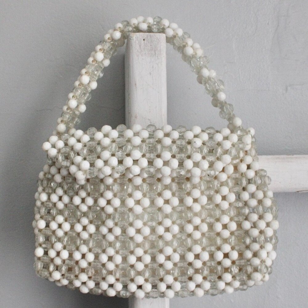 Vintage 1960s Clear & White Plastic Beaded Evening Party Handbag Purse